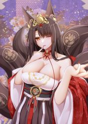 Rule 34 | 1girl, akagi (azur lane), akagi (dawn phoenix&#039;s summons) (azur lane), animal ear fluff, azur lane, bare shoulders, black sash, breasts, brown dress, brown hair, brown tail, cleavage, dress, finger to mouth, hair ornament, highres, japanese clothes, kimono, kitsune, kyuubi, large breasts, long hair, momijizuki luna, multiple tails, nail polish, official alternate costume, one eye closed, open clothes, open kimono, orange eyes, red kimono, red nails, sash, skindentation, solo, tail, tail ornament, wide sleeves