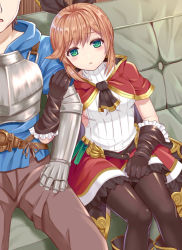 Rule 34 | 1boy, 1girl, arm hug, black bow, black footwear, black gloves, black pantyhose, blue shirt, blush, boots, bow, breasts, brown hair, brown pants, cape, clarisse (granblue fantasy), commentary request, couch, elbow gloves, gauntlets, gloves, gran (granblue fantasy), granblue fantasy, green eyes, hair bow, hood, hood down, long sleeves, medium breasts, on couch, pants, pantyhose, parted lips, red cape, red skirt, ribbed shirt, shirt, short hair, sidelocks, sitting, skirt, solo focus, thighband pantyhose, tukino neru, white shirt
