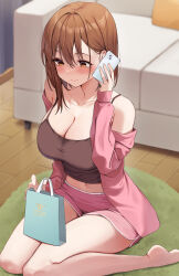 Rule 34 | 1girl, absurdres, armpit crease, asymmetrical sidelocks, blush, boyshort panties, breasts, brown eyes, brown hair, cellphone, cleavage, closed mouth, commentary request, couch, dot nose, full body, gift bag, hair between eyes, hair intakes, hand up, highres, holding, holding phone, indoors, iphone 13, large breasts, looking ahead, midriff, mole, mole under eye, off shoulder, ol-chan (udon), orange eyes, original, panties, phone, pink panties, pink shirt, pink shorts, shirt, shorts, sitting, smartphone, smile, solo, talking on phone, tank top, three quarter view, udon (udonalium), underwear, wariza, white day, yellow eyes