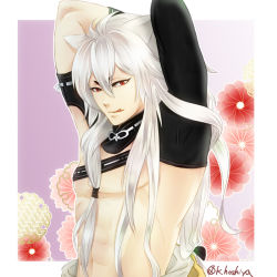 Rule 34 | 10s, 1boy, :q, animal ears, arms up, bare pectorals, bishounen, floral background, fox ears, kogitsunemaru, male focus, pectorals, red eyes, solo, tongue, tongue out, topless male, touken ranbu, twitter username, umeno umeko, upper body, white hair