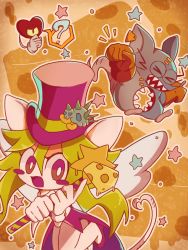 Rule 34 | 1girl, 2boys, ?, animal ears, blush stickers, breasts, cheese, food, green hair, hat, heart, heart (mad rat dead), heart tail, highres, leotard, mad rat, mad rat dead, mouse (animal), mouse ears, mouse girl, mouse tail, multiple boys, nippon ichi, rat god, red eyes, tail, tie clip, top hat, wand, wings, wrist cuffs