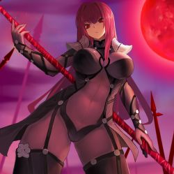 Rule 34 | 1girl, armor, bodysuit, breasts, covered navel, expressionless, fate/grand order, fate (series), from below, gae bolg (fate), hair intakes, highres, holding, holding weapon, jack (darkshero), large breasts, leotard, long hair, looking at viewer, moon, outdoors, pauldrons, polearm, purple background, purple bodysuit, purple hair, purple leotard, red eyes, red moon, scathach (fate), shoulder armor, solo, spear, weapon