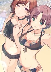 Rule 34 | 2girls, :d, antenna hair, aqua eyes, asakura toru, beach, bikini, black bikini, blush, bottle, breasts, choker, cleavage, closed mouth, collarbone, cross-laced bikini, cross-laced bikini bottom, cross-laced clothes, ear piercing, floral print, frilled bikini, frills, front-tie bikini top, front-tie top, hair ornament, hairclip, halterneck, highres, higuchi madoka, holding, holding bottle, holding hands, houmatu awa, idolmaster, idolmaster shiny colors, jewelry, layered bikini, leaf print, looking at viewer, medium breasts, mole, mole under eye, multicolored hair, multiple girls, navel, necklace, noctchill (idolmaster), ocean, open mouth, outdoors, outstretched arm, parted bangs, piercing, purple eyes, red hair, sand, short hair, sleeveless, small breasts, smile, swimsuit, tankini, two-tone hair, v, water, x hair ornament