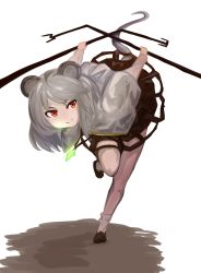 Rule 34 | 1girl, absurdres, animal ears, bent over, blouse, brown footwear, capelet, closed mouth, commentary request, crystal, dowsing rod, dress, full body, gem, glowing, green gemstone, grey dress, grey hair, highres, holding, jewelry, leaning forward, lenserd, long sleeves, looking at viewer, mouse ears, mouse girl, mouse tail, nazrin, pendant, red eyes, shirt, shoes, short hair, smile, socks, solo, standing, standing on one leg, tail, touhou, white background, white capelet, white shirt, white socks