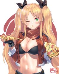 Rule 34 | 1girl, azur lane, belt, bikini, bikini top only, black bikini, black gloves, blonde hair, breasts, brown jacket, cleavage, crop top, cropped jacket, eating, fingerless gloves, food, fur trim, gloves, green eyes, hair ribbon, highres, hornet (azur lane), hornet (delicious love) (azur lane), hornet (freshly-baked bonding!) (azur lane), jacket, large breasts, long hair, long sleeves, looking at viewer, midriff, navel, one eye closed, open clothes, open jacket, parted bangs, pizza, ribbon, scarf, shimotsuki shio, sidelocks, solo, stomach, swimsuit, twintails, upper body, very long hair