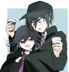 Rule 34 | 2boys, :d, black headwear, black jacket, blush, brown eyes, buttons, collared shirt, commentary request, cup, danganronpa (series), danganronpa v3: killing harmony, disposable cup, grey background, hair between eyes, highres, holding, holding cup, jacket, long sleeves, male focus, multicolored hair, multiple boys, open clothes, open mouth, open shirt, oma kokichi, purple hair, purple shirt, saihara shuichi, shirt, short hair, smile, suzuko (katahaba v3), sweatdrop, teeth, two-tone hair, upper teeth only, white background