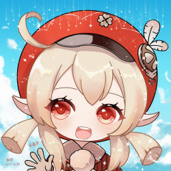Rule 34 | 1girl, :d, absurdres, ahoge, blue sky, brown gloves, brown scarf, cabbie hat, chibi, cloud, cloudy sky, clover print, commentary request, genshin impact, gloves, hair between eyes, hat, hat feather, hat ornament, highres, jwj, klee (genshin impact), light brown hair, long hair, looking at viewer, low twintails, open mouth, pointy ears, red eyes, scarf, sidelocks, sky, smile, solo, translation request, twintails