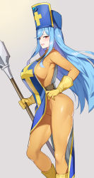 Rule 34 | 1girl, absurdres, belt, blue hair, blush, bodysuit, breasts, dragon quest, dragon quest iii, gloves, hat, highres, large breasts, long hair, looking at viewer, mitre, mole, mole under eye, open mouth, priest (dq3), red eyes, serin199, sideboob, simple background, smile, solo, square enix, staff, tabard, yellow bodysuit, yellow gloves