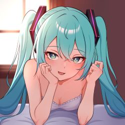 Rule 34 | 1girl, aqua eyes, aqua hair, arm support, armpit crease, blurry, blurry background, breasts, bright pupils, cleavage, commentary, hatsune miku, head rest, highres, indoors, kumada gaon, long hair, looking at viewer, medium breasts, open mouth, solo, twintails, vocaloid, white pupils, window