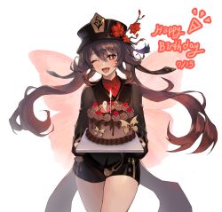 Rule 34 | 1girl, absurdres, birthday cake, black hat, black jacket, black nails, black shorts, blush, brown hair, butterfly wings, cake, candle, cowboy shot, fang, fire, food, genshin impact, happy birthday, hat, highres, holding, holding tray, hu tao (genshin impact), insect wings, jacket, lilithmy, long hair, long sleeves, nail polish, open mouth, red eyes, red shirt, shirt, shorts, simple background, smile, solo, star-shaped pupils, star (symbol), symbol-shaped pupils, tray, twintails, white background, wings