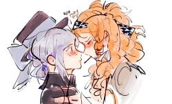 Rule 34 | 2girls, black coat, black headwear, blush, braid, checkered hairband, closed eyes, closed mouth, coat, commentary, dated, english commentary, food, food in mouth, forehead-to-forehead, from side, grey eyes, grey hair, grey ribbon, hair bun, hat, hat ribbon, heads together, highres, long hair, looking at another, medipocketfans7000, multiple girls, orange hair, pocky, pocky day, pocky in mouth, reverse:1999, ribbon, side braid, simple background, sonetto (reverse:1999), vertin (reverse:1999), white background, yuri