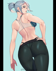 Rule 34 | 1girl, absurdres, ass, back, black pants, blue eyes, breasts, from behind, grey hair, hand on own hip, highres, jett (valorant), kagematsuri, looking back, medium breasts, pants, panty straps, parted lips, ponytail, revision, solo, sports bra, thigh gap, tight clothes, tight pants, valorant, yoga pants