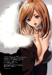 Rule 34 | blue eyes, breasts, brown hair, coat, fur coat, highres, inkey, large breasts, lips, long hair, open clothes, open mouth, smile, solo, tiara, unbuttoned