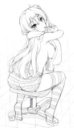Rule 34 | 10s, 1girl, ahoge, ass, blush, breasts, chair, chuunibyou demo koi ga shitai!, commentary, english commentary, greyscale, hair ornament, hairclip, highres, large breasts, long hair, looking at viewer, looking back, monochrome, mori summer, nibutani shinka, no shoes, office chair, one side up, panties, sketch, solo, striped clothes, striped thighhighs, swivel chair, thighhighs, tonee, topless, towel, underwear, very long hair, white background