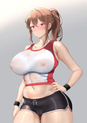 Rule 34 | 1girl, black shorts, blush, breasts, brown hair, cameltoe, cleavage, cleft of venus, collarbone, covered erect nipples, earrings, gradient background, gym, hand on own hip, highres, jewelry, large breasts, mature female, original, pink eyes, ponytail, ranhatu, ring, see-through, short shorts, shorts, sidelocks, smile, solo, wedding ring, wristband