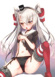 Rule 34 | 10s, 1girl, amatsukaze (kancolle), black panties, blush, brown eyes, chestnut mouth, dress, garter straps, grey hair, highres, kantai collection, lace, lace-trimmed panties, lace trim, long hair, looking at viewer, namanie, navel, open mouth, panties, personification, red thighhighs, sailor dress, side-tie panties, simple background, solo, thighhighs, torn clothes, torn dress, twintails, two side up, underwear, white background