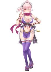 Rule 34 | 1girl, absurdres, alternate hairstyle, blush, breasts, cleavage, full body, headphones, highres, large breasts, long hair, looking at viewer, midriff, ninja, nitroplus, pelvic curtain, pink eyes, pink hair, short sword, solo, super sonico, sword, thighhighs, transparent background, v-mag, weapon