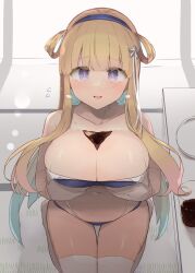 Rule 34 | 1girl, blonde hair, blush, breast lift, breasts, bust cup, cleavage, cola, collarbone, cup, drinking glass, fletcher (kancolle), flying sweatdrops, gloves, hair ornament, kantai collection, kneeling, large breasts, long hair, looking at viewer, open mouth, parted lips, purple eyes, shin (new), smile, solo, star (symbol), star hair ornament, thighhighs, white gloves, white thighhighs