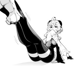 Rule 34 | 1girl, ahoge, arm support, ass, breasts, detached sleeves, exercising, full body, ganyu (genshin impact), genshin impact, gloves, greyscale, high heels, highres, horns, kyouyasai4423, large breasts, leg lift, legs, legs together, legs up, long hair, looking up, monochrome, pants, pantyhose, perspective, simple background, sweatdrop, tight clothes, tight pants, trembling, twisted torso, white background