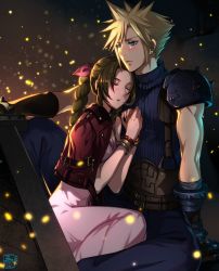 Rule 34 | 1boy, 1girl, aerith gainsborough, aqua eyes, armor, baggy pants, bandaged arm, bandages, bangle, belt, blonde hair, blue pants, blue shirt, blush, bracelet, braid, braided ponytail, breasts, brown hair, buster sword, cleavage, closed eyes, cloud strife, cropped jacket, dress, earrings, embers, final fantasy, final fantasy vii, final fantasy vii remake, gloves, hair ribbon, halu-ca, highres, holding, holding sword, holding weapon, jacket, jacket on shoulders, jewelry, long dress, long hair, medium breasts, multiple belts, outdoors, own hands together, pants, parted bangs, parted lips, pink dress, pink ribbon, red jacket, ribbon, shirt, short hair, short sleeves, shoulder armor, sidelocks, signature, single earring, sitting, sleeping, sleeveless, sleeveless shirt, spiked hair, square enix, suspenders, sword, weapon