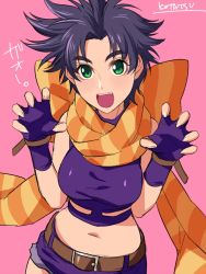 Rule 34 | 1girl, :d, bad id, bad twitter id, battle tendency, belt, blush, breasts, claw pose, fang, fingerless gloves, fingernails, genderswap, genderswap (mtf), gloves, green eyes, hands up, highres, jojo no kimyou na bouken, joseph joestar, joseph joestar (young), kotatsu (g-rough), large breasts, looking at viewer, midriff, navel, open mouth, orange scarf, pink background, purple background, purple gloves, purple shorts, scarf, short hair, short shorts, shorts, signature, simple background, smile, solo, striped clothes, striped scarf, wristband