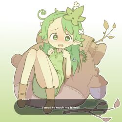 Rule 34 | 1girl, acorn, backpack, bag, boots, brown bag, brown footwear, commentary, english text, full body, furrowed brow, gradient background, green background, green shirt, hair ornament, highres, holding strap, humanization, knees to chest, korok, leaf hair ornament, looking at viewer, nintendo, orenji (wholesomeorenji), outline, pointy ears, shirt, simple background, solo, speech bubble, symbol-only commentary, tearing up, the legend of zelda, the legend of zelda: tears of the kingdom, thighs, twig, wavy mouth, white outline