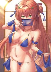Rule 34 | 1girl, alternate costume, arm up, bare shoulders, belly dancer, belly dancing, bikini, blue bikini, blush, breasts, cleavage, closed mouth, collarbone, dancer, feet out of frame, girls&#039; frontline, green eyes, hair ornament, hair ribbon, highres, jewelry, lips, long hair, looking at viewer, medium breasts, mouth veil, navel, necklace, orange hair, ribbon, smile, solo, springfield (girls&#039; frontline), standing, stomach, swimsuit, veil, xlscaler