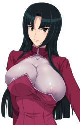 Rule 34 | 00s, 1girl, areola slip, black hair, breasts, brown eyes, china dress, chinese clothes, cleavage, dress, gundam, gundam 00, highres, huge breasts, large breasts, long hair, long sleeves, nipples, see-through, shiny clothes, skin tight, smile, solo, source request, turtleneck, wang liu mei, zundarepon