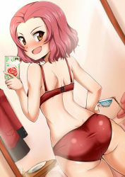 Rule 34 | 10s, 1girl, ass, ayuayu (shouyu no sato), bedroom, blush, bra, brown eyes, cellphone, unworn clothes, cowboy shot, cup, dimples of venus, dutch angle, from behind, girls und panzer, holding, indoors, jacket, looking at viewer, looking back, miiskirt, military, military uniform, miniskirt, mirror, open mouth, panties, phone, pleated skirt, red bra, red eyes, red hair, red jacket, red panties, rosehip (girls und panzer), saucer, selfie, short hair, shoulder blades, skirt, smartphone, smile, solo, spilling, standing, teacup, underwear, underwear only, uniform