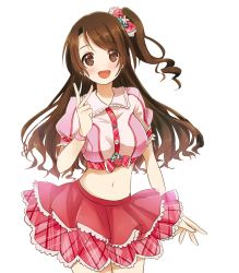 Rule 34 | 10s, 1girl, :d, bad id, bad pixiv id, bow, breasts, brown eyes, brown hair, buttons, collared shirt, cowboy shot, crop top, domaro yui, frilled skirt, frills, hair bow, hair over one eye, heart, heart-shaped pupils, highres, idolmaster, idolmaster cinderella girls, layered skirt, long hair, looking at viewer, midriff, navel, one side up, open mouth, pink skirt, plaid, plaid bow, plaid skirt, puffy short sleeves, puffy sleeves, shimamura uzuki, shirt, short sleeves, simple background, skirt, smile, solo, swept bangs, symbol-shaped pupils, v, white background