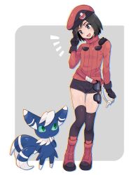 Rule 34 | 1boy, :d, belt, beret, black gloves, black hair, boots, calem (pokemon), commentary request, cosplay, creatures (company), eyelashes, game freak, gen 6 pokemon, gloves, grey background, grey eyes, hand up, hat, highres, jacket, long sleeves, looking down, male focus, meowstic, nintendo, open mouth, pokemon, pokemon (creature), pokemon ranger (pokemon), pokemon ranger (pokemon) (cosplay), pokemon xy, red footwear, sana (37pisana), short hair, short shorts, shorts, smile, standing, thighhighs, thighs, tongue