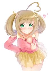 Rule 34 | 1girl, ahoge, bare shoulders, bent over, blouse, blush, breasts, brown hair, cleavage, collarbone, green eyes, grin, hair ornament, heart, heart-shaped pupils, highres, idolmaster, idolmaster cinderella girls, jewelry, kibihimi, looking at viewer, medium breasts, necklace, pink shirt, sato shin, shirt, simple background, skirt, smile, solo, symbol-shaped pupils, teasing, white background, yellow skirt