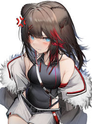 Rule 34 | 1girl, absurdres, anger vein, angry, animal ears, arknights, bare shoulders, bear ears, bear girl, belt, black belt, black jacket, black shirt, blue eyes, breasts, brown hair, clenched teeth, collarbone, commentary, covered navel, cowboy shot, earbuds, earphones, fur-trimmed jacket, fur trim, hair ornament, hair ribbon, hairclip, highres, invisible chair, jacket, looking at viewer, multicolored hair, off shoulder, open clothes, open jacket, red hair, red ribbon, ribbon, shirt, shorts, simple background, sitting, sleeveless, sleeveless shirt, small breasts, solo, streaked hair, swimsuit, swimsuit under clothes, tab head, teeth, v-shaped eyebrows, white background, white shorts, zima (arknights)