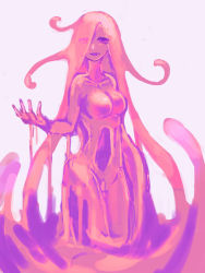 Rule 34 | 1girl, :d, breasts, colored sclera, colored skin, completely nude, eyes visible through hair, hand up, highres, hole in chest, hole on body, long hair, looking at viewer, medium breasts, monochrome, monster girl, nude, open mouth, original, pink eyes, pink hair, pink sclera, pink skin, pink theme, ruteko (ruko220), simple background, slime girl, smile, solo, very long hair, white background
