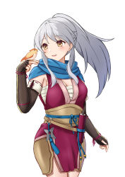 Rule 34 | 1girl, animal, animal on hand, bird, bird on hand, black gloves, blue scarf, blush, breasts, brown eyes, cleavage, cleavage cutout, clothing cutout, commentary, elbow gloves, fingerless gloves, fire emblem, fire emblem: radiant dawn, fire emblem heroes, gloves, grey hair, hand up, highres, long hair, looking to the side, medium breasts, micaiah (fire emblem), micaiah (ninja) (fire emblem), nintendo, official alternate costume, official alternate hairstyle, parted lips, ponytail, sarashi, scarf, simple background, smile, solo, standing, takaneko, white background