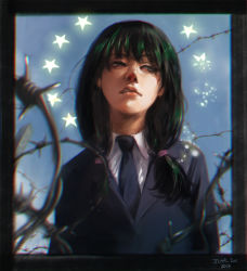 Rule 34 | 1girl, angry, artist name, bad id, bad pixiv id, barbed wire, black necktie, blurry, business suit, chromatic aberration, dated, disdain, formal, framed, green hair, grimace, half-closed eyes, halo, highres, jcm2, long hair, looking to the side, necktie, original, school uniform, scrunchie, solo, standing, star (symbol), suit, teeth, twintails, upper body