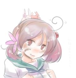 Rule 34 | 10s, 1girl, ahoge, alternate hairstyle, animal, animal on head, bad id, bad pixiv id, bandaid, bandaid on face, rabbit, crab, flower, hair flower, hair ornament, hina (bird salty), kantai collection, oboro (kancolle), on head, side ponytail, solo, twintails