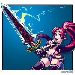 Rule 34 | 1girl, armor, bikini armor, blue background, border, breasts, closed mouth, costume request, gauntlets, gradient background, green eyes, holding, holding sword, holding weapon, large breasts, long hair, looking at viewer, mabius, navel, original, outside border, pixel art, pointy ears, ponytail, red hair, solo, sword, weapon, white border