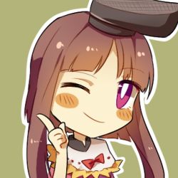 Rule 34 | 1girl, black hat, blush, blush stickers, bow, brown hair, closed mouth, dress, green background, hat, index finger raised, keiko (emoticon), lowres, nishida satono, one eye closed, pink dress, portrait, purple eyes, red bow, short hair with long locks, simple background, smile, solo, touhou