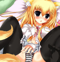 Rule 34 | 1girl, absurdres, animal ears, black thighhighs, blonde hair, blush, breasts, fox ears, fox tail, highres, kasumi toshizou, lying, on back, original, panties, piano (1991 0422), solo, spread legs, striped clothes, striped panties, tail, thighhighs, underwear