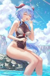 Rule 34 | 1girl, absurdres, ahoge, anbe yoshirou, artist name, bare arms, bare shoulders, black one-piece swimsuit, blue hair, blue sky, breasts, casual one-piece swimsuit, cleavage, closed eyes, cloud, cloudy sky, commentary, covered navel, day, ganyu (genshin impact), genshin impact, goat horns, highleg, highleg swimsuit, highres, horns, knees together feet apart, long hair, low ponytail, medium breasts, one-piece swimsuit, open mouth, rock, signature, sitting, sitting on rock, sky, soaking feet, solo, swimsuit, thighs, translation request, wet, yawning