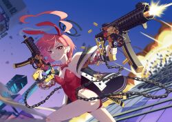 Rule 34 | 1girl, ahoge, animal ears, ass, bare shoulders, black nails, blue archive, braid, breasts, chain, dawn02, earrings, explosion, fake animal ears, firing, grin, gun, halo, highres, holding, holding gun, holding weapon, jacket, jewelry, leotard, long hair, looking at viewer, mole, mole under eye, neru (blue archive), neru (bunny) (blue archive), outdoors, pink eyes, pink hair, playboy bunny, rabbit ears, small breasts, smile, solo, weapon