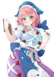 Rule 34 | 1girl, apron, blue apron, blue dress, blue headwear, clipboard, dress, green eyes, holding, holding clipboard, holding pencil, looking at viewer, okunoda miyoi, pencil, pink hair, rururiaru, short hair, short sleeves, simple background, smile, solo, touhou, whale hat, white background