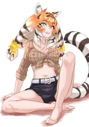 Rule 34 | 1girl, alternate costume, animal ears, animal print, barefoot, belt, black hair, bow, collarbone, commentary request, crop top, denim, denim shorts, extra ears, hair bow, highres, jewelry, kemono friends, kemono friends 3, long hair, long sleeves, looking at viewer, midriff, multicolored hair, navel, necklace, orange hair, shirt, short shorts, shorts, siberian tiger (kemono friends), simple background, sitting, sleeves rolled up, solo, striped clothes, striped shirt, tail, tanabe (fueisei), tiger ears, tiger girl, tiger print, tiger tail, twintails, white belt, white hair, yellow eyes