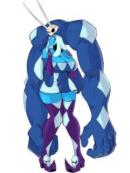 Rule 34 | 1girl, absurdres, bare shoulders, blue diamond (steven universe), blue hair, blue skin, breasts, cerebella (skullgirls) (cosplay), cleavage, colored skin, cosplay, dress, duppio, facial tattoo, finger to mouth, full body, highres, horns, knees together feet apart, living clothes, living hair, off-shoulder dress, off shoulder, pointed footwear, pointy footwear, purple footwear, short dress, simple background, skull, skullgirls, standing, steven universe, tattoo, thighhighs, vice-versa (skullgirls), white background, zettai ryouiki