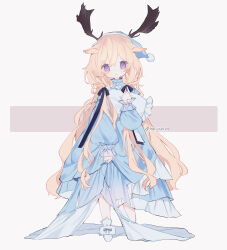 Rule 34 | 1girl, :o, alternate costume, animal ears, antlers, arknights, bare legs, blonde hair, blue bow, blue collar, blue dress, blue hat, blue ribbon, blurry eyes, bow, chestnut mouth, child, clenched hands, collar, commentary, dress, english commentary, full body, hair between eyes, hand up, hat, highres, holding, holding pillow, horns, light blush, long hair, long sleeves, looking at viewer, messy hair, minus sign, nightcap, no nose, open mouth, petite, pillow, puffy long sleeves, puffy sleeves, purple eyes, pushu, ribbon, simple background, socks, solo, standing, twitter username, very long hair, viviana (arknights), wavy hair, white background, white socks