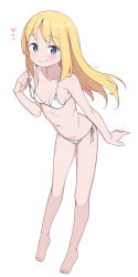 Rule 34 | 1girl, bare arms, bare legs, bare shoulders, barefoot, bikini, blonde hair, blue eyes, breasts, collarbone, feet, full body, highres, leaning forward, light blush, long hair, looking at viewer, navel, original, saiste, side-tie bikini bottom, simple background, small breasts, smile, solo, stomach, strap pull, string bikini, swimsuit, toes, white background, white bikini