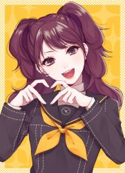 Rule 34 | 1girl, black sailor collar, brown hair, commentary request, earrings, fingernails, head tilt, heart, heart hands, jewelry, kujikawa rise, lips, long hair, long sleeves, looking at viewer, neckerchief, nm ngi, open mouth, persona, persona 4, pink lips, sailor collar, school uniform, smile, solo, swept bangs, teeth, turtleneck, twintails, upper teeth only, yasogami school uniform, yellow neckerchief