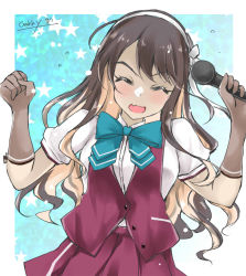 Rule 34 | 1girl, aqua bow, aqua bowtie, black hair, bow, bowtie, brown gloves, colored inner hair, commentary request, cowboy shot, dress shirt, closed eyes, gakky, gloves, kantai collection, long hair, microphone, multicolored hair, music, naganami (kancolle), naganami kai ni (kancolle), one-hour drawing challenge, pink hair, purple skirt, purple vest, shirt, singing, skirt, solo, star (symbol), starry background, two-tone hair, vest, wavy hair, white shirt