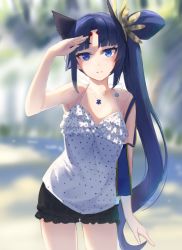 Rule 34 | 1girl, akame (akamiru), alternate costume, bare shoulders, black hair, blue eyes, casual, fate/grand order, fate (series), hair ornament, jewelry, long hair, looking at viewer, necklace, side ponytail, sleeveless, smile, solo, thigh gap, ushiwakamaru (fate), very long hair